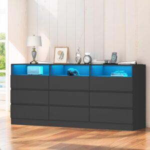 auromie 9 drawers dresser, double modern chest of drawers with power outlet, dresser tv stand with led light strip, drawer organizer for bedroom, living room, hallway (black, 9 drawer)