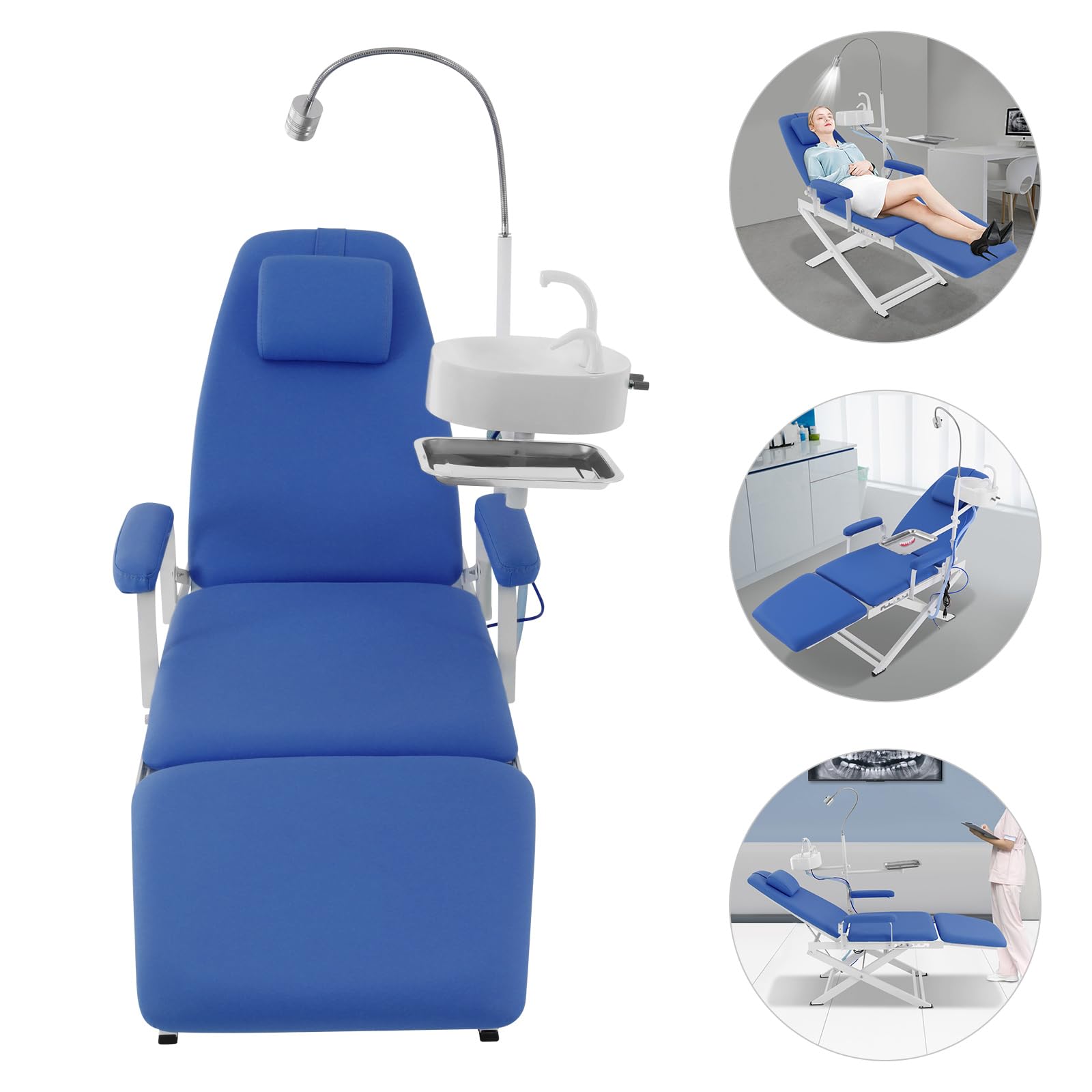 KUMOYOU Portable Foldable Den tal Patient Chair, Freestanding Patient Chairs with Operating LED Lamp & Tray & Waste Basin, Den tal Bed for Hospitals Clinics (Blue)