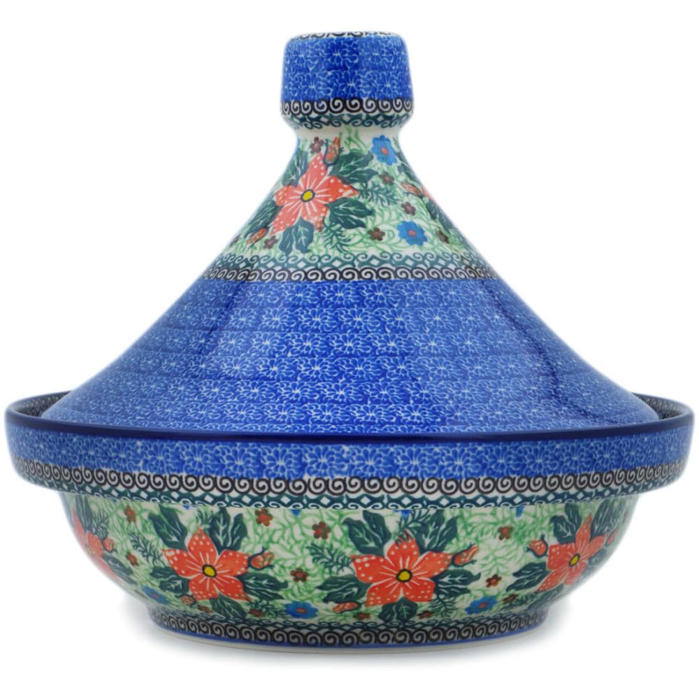 Authentic Polish Pottery Tagine Pot Signature UNIKAT in Red Jackmanii Design Handmade in Bolesławiec Poland by Ceramika Artystyczna + Certificate of Authenticity