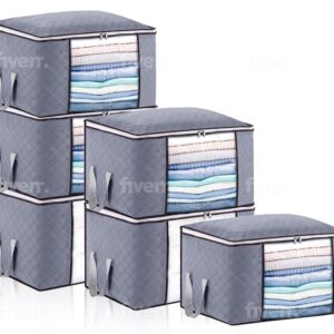 84L Quilted Storage Bags with Clear Window and Handles, Set of 6, Gray