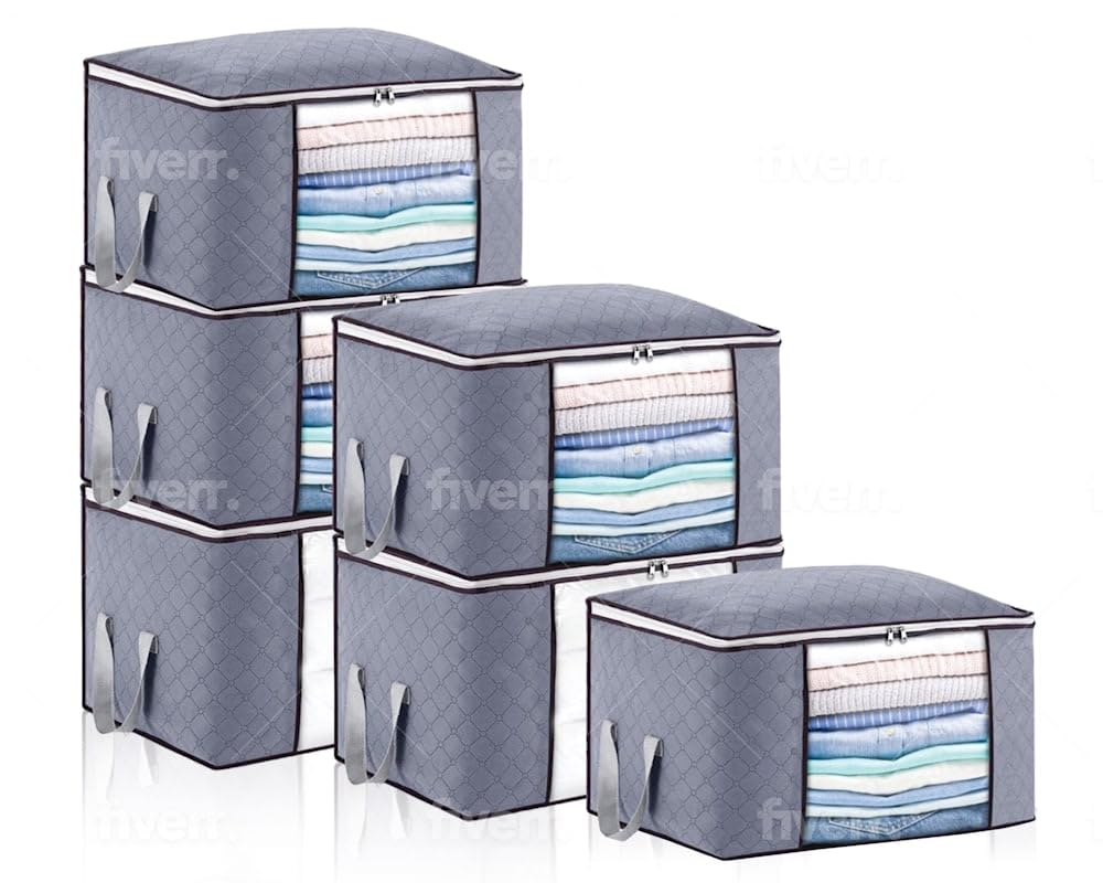 84L Quilted Storage Bags with Clear Window and Handles, Set of 6, Gray