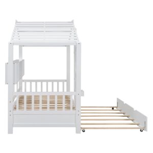 Twin Size House Bed with Trundle, Wooden Daybed Frame with Roof/Window/Guardrail and Storage Shelf for Kids, Teens Boys or Girls (White, Twin)