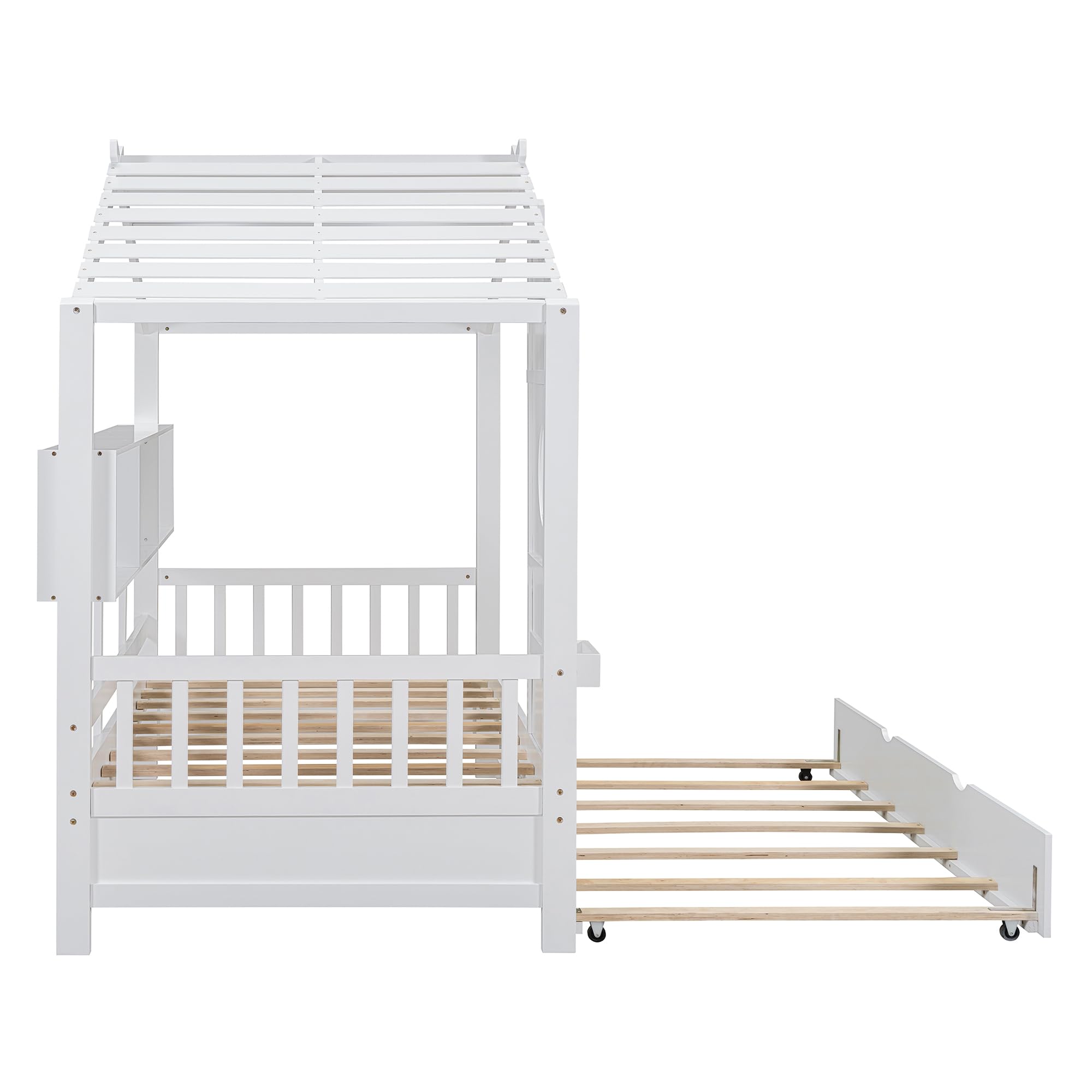 Twin Size House Bed with Trundle, Wooden Daybed Frame with Roof/Window/Guardrail and Storage Shelf for Kids, Teens Boys or Girls (White, Twin)