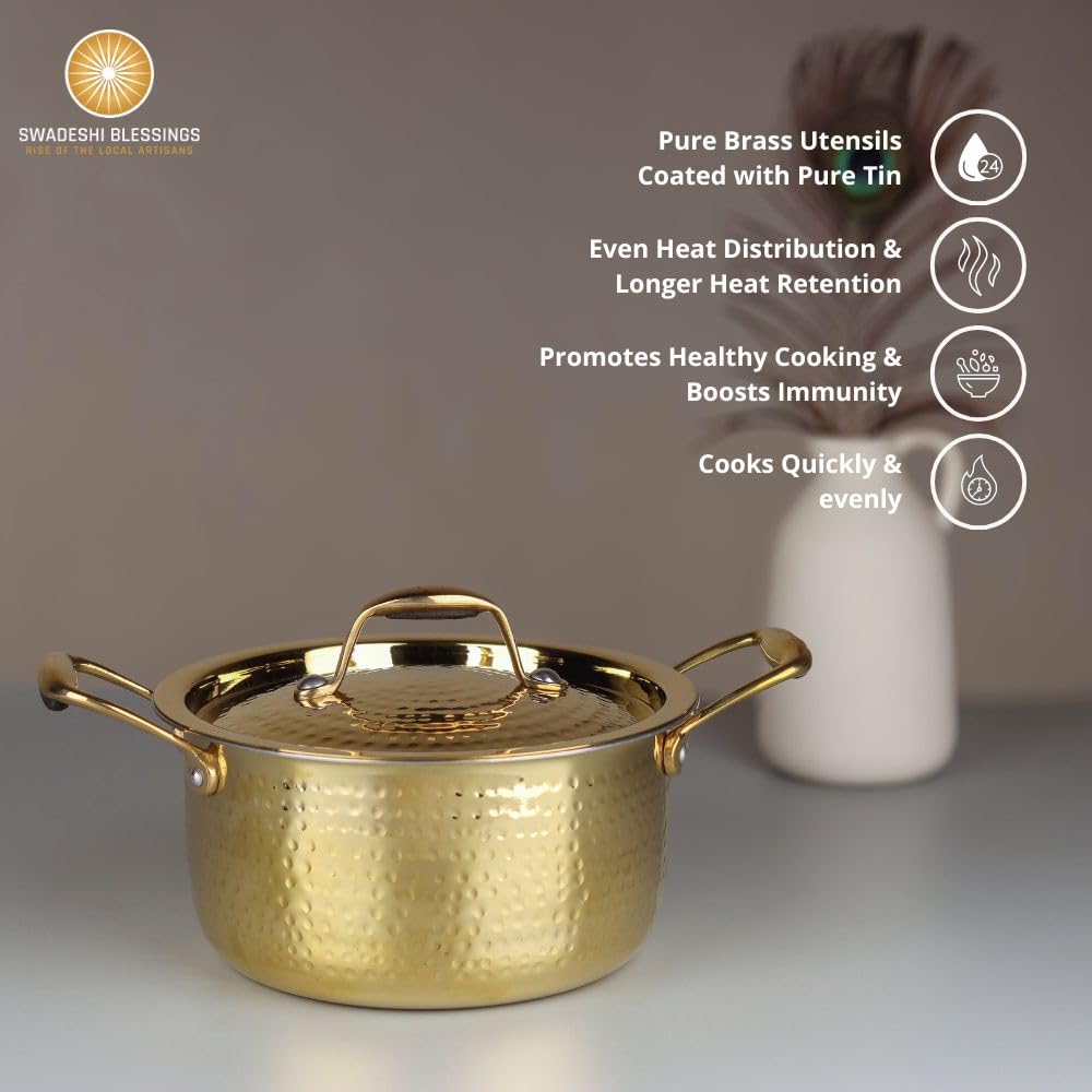 Swadeshi Blessings Exclusive Range Brass Pot for Cooking with Lid/Teflon-Free/Naturally Non-Stick Brass Utensils with Tin Coating (1 Litres)