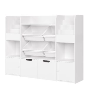 finetones 50'' Large Toy Storage Organizer with 4 Toy Bins, Toy Organizers and Storage with 6 Storage Cubbies and 2 Movable Drawers, Bookshelf for Kids, Playroom Organization and Storage Bins, White