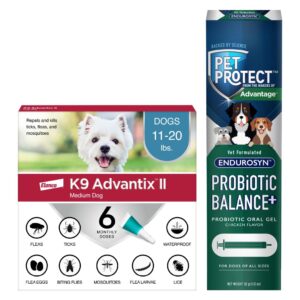 bundle of k9 advantix ii medium dog 11-20 lbs. 6-mo supply + pet protect probiotic balance+ dog supplement | oral gel | 32g