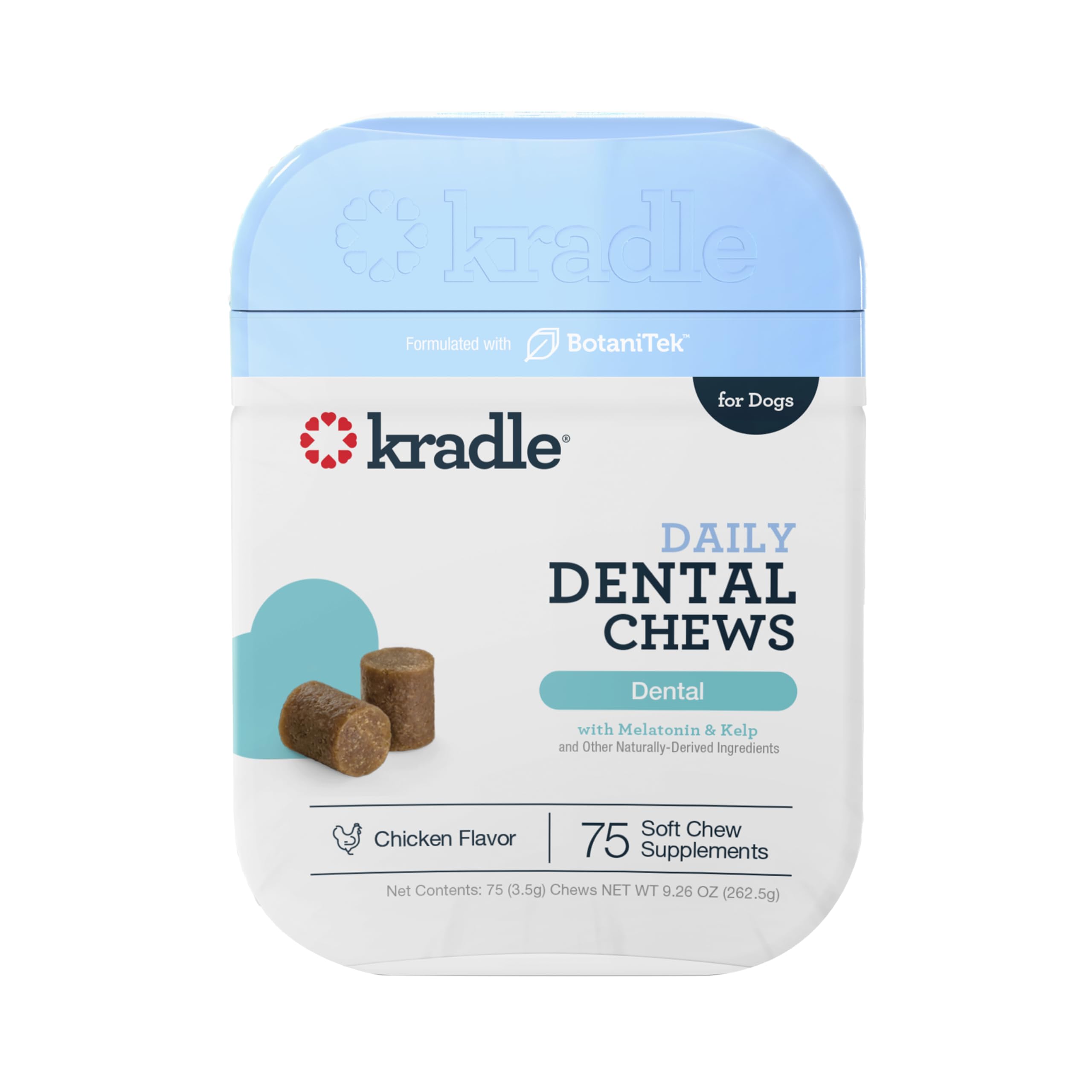 Kradle Daily Dental Chews - Dental Chews & Stress-Relief Support for Dogs - Soft Calming Chews with Soothing Ingredients - for All Dog Breed & Sizes - 75 Count Jar