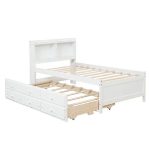 Twin Size Trundle Bed with Storage Drawers and Bookcase Headboard, Kids Twin Bed with Trundle,Captains Bed Twin with Trundle,Twin Trundle Bed with Storage for Teens,Adults(Twin,White)