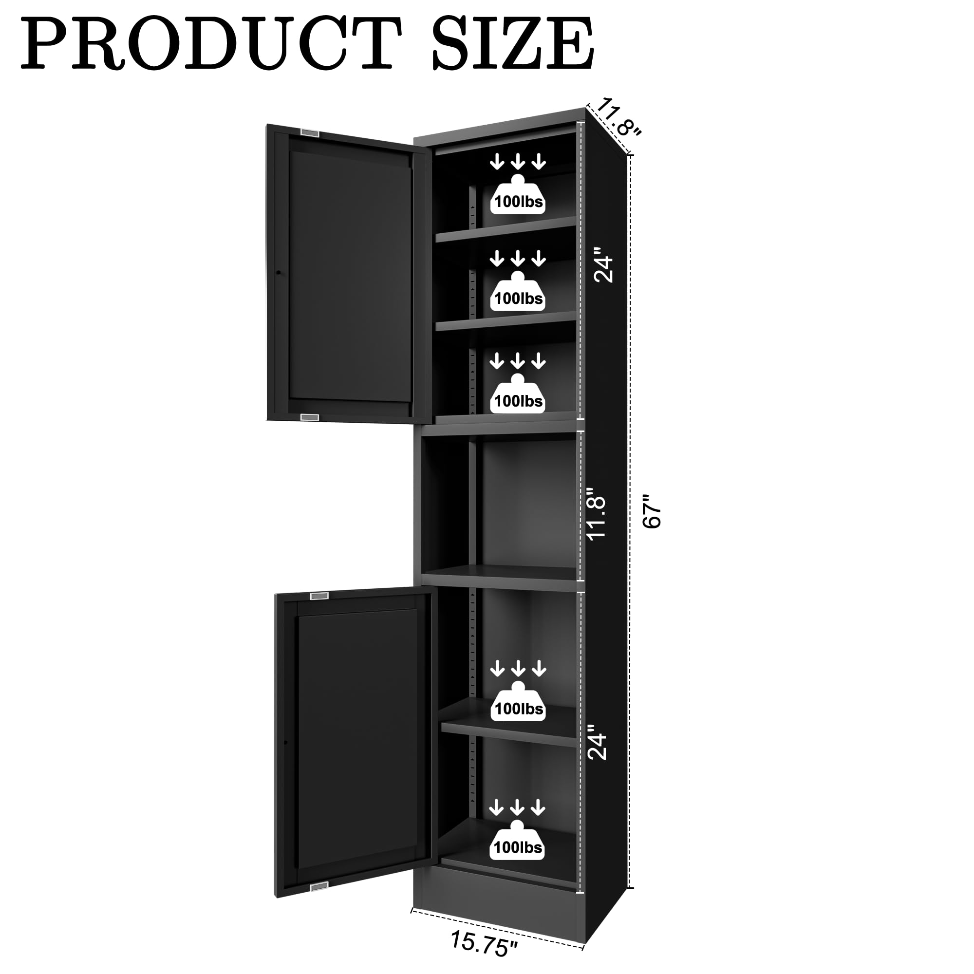 Boegica 67" Tall Metal Bathroom Storage Cabinet,6-Tier Freestanding Linen Tower Cabinet with 2 Doors and 1 Open Compartment,Narrow Slim Bathroom Floor Cabinet for Small Spaces,Modern,Black