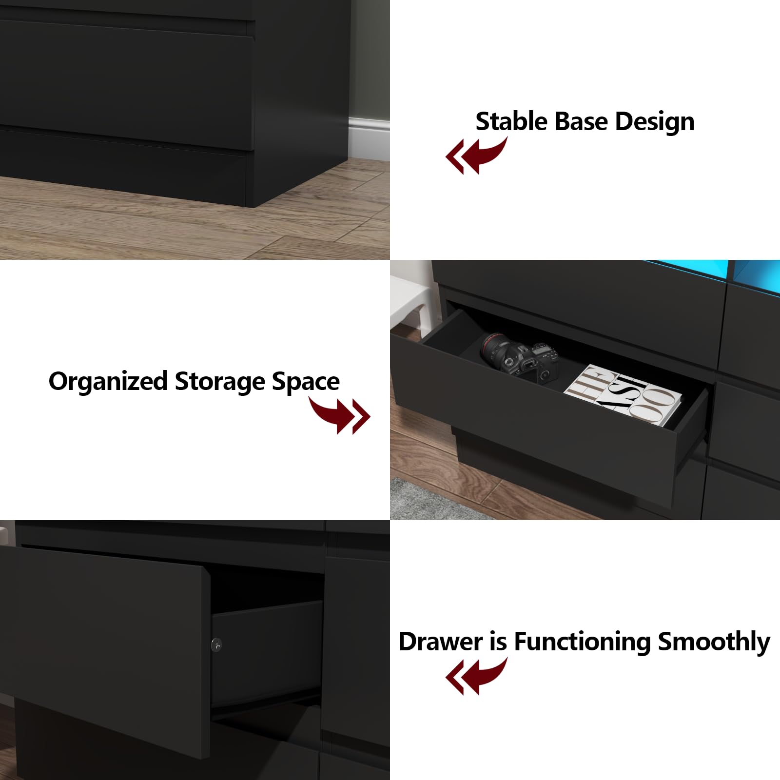 Auromie 9 Drawers Dresser, Double Modern Chest of Drawers with Power Outlet, Dresser TV Stand with Led Light Strip, Drawer Organizer for Bedroom, Living Room, Hallway (Black, 9 Drawer)