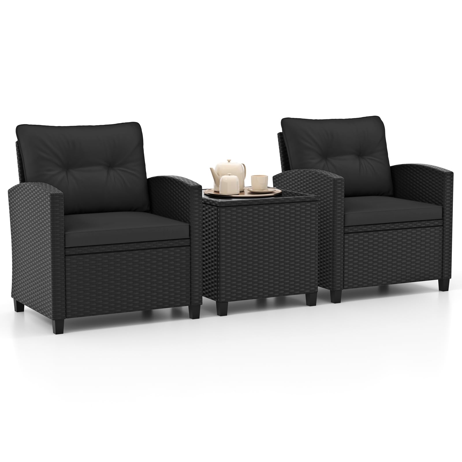 RELAX4LIFE 3-Piece Patio Furniture Set - Wicker Rattan Bistro Sofa Set w/Glass Top Coffee Table, Washable Cushions for Porch Balcony Backyard Poolside, Outdoor Furniture Conversation Set (Black)