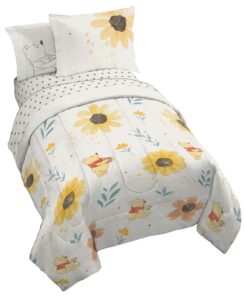 jay franco disney winnie the pooh twin comforter set - 5 piece bedding includes sheet set & pillow covers - super soft cozy floral bedding