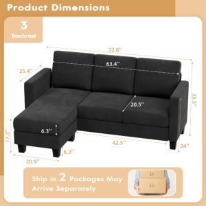 VICTONE Sectional Sofa Couch, 3 seat L-Shaped Small Sofa with Movable Ottoman Couch for Small Apartments, Living Rooms and Offices (Linen Fabric, Deep Grey)