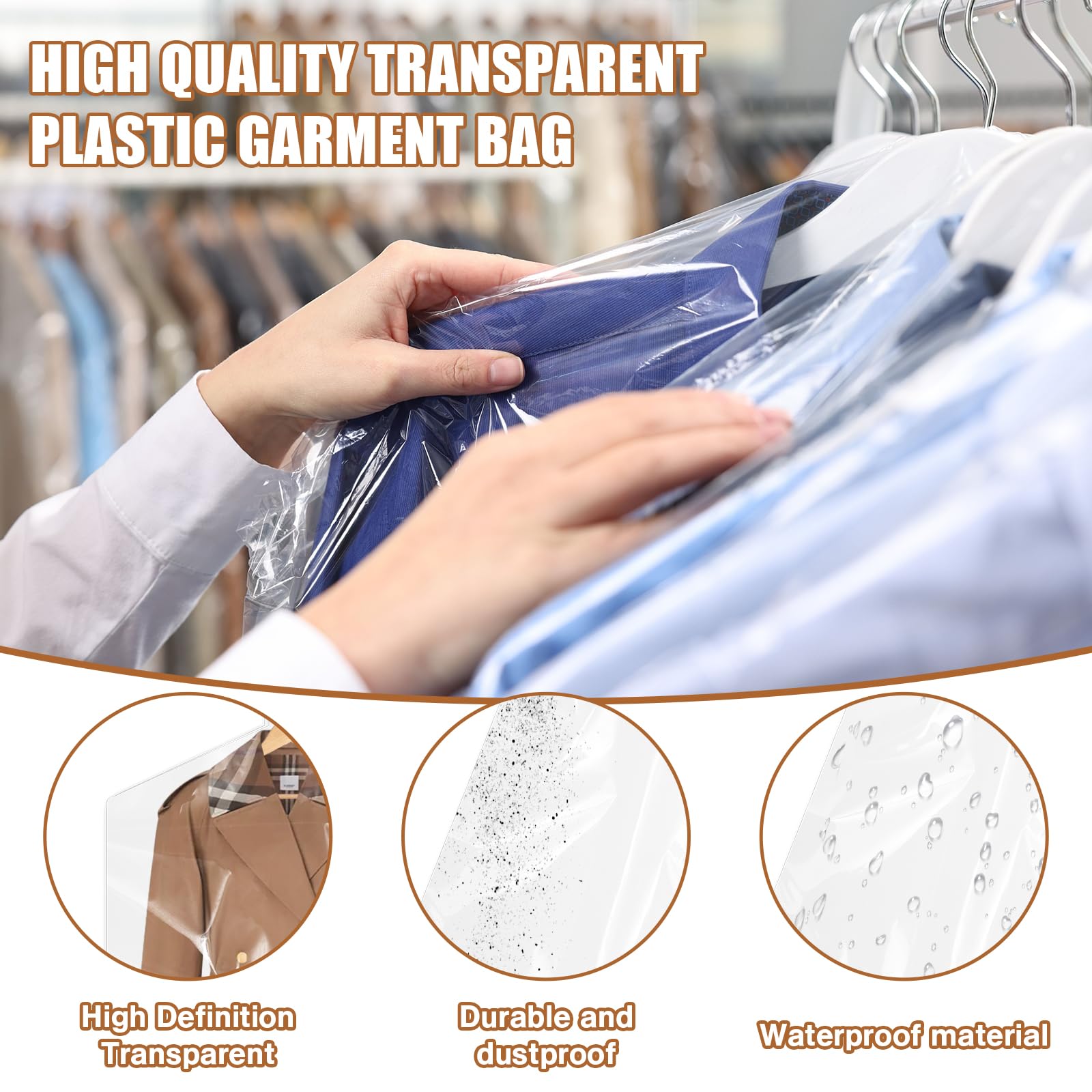 20 Pack Clear Garment Bags for Hanging Clothes, Dry Cleaner Bags, Plastic Garment Bags, Dry Cleaning Bags, Clear Plastic Bags for Clothes Cover, for Dry Cleaner Closet Storage Travel, 60x90cm