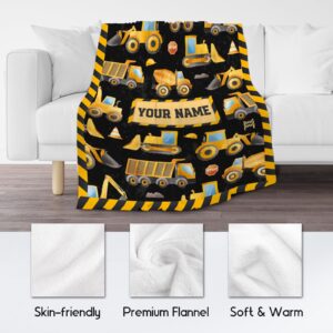 Personalized Construction Blanket, Soft Warm Flannel Throw Blanket for Boys Girls, 50x60 Inch Large Blankets for Sofa Couch, Construction Truck Throws Gifts Home Decor