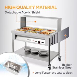 ROVSUN 72QT Steam Table, 9-Pan Electric Commercial Food Warmer Stainless Steel Bain Marie w/Acrylic Shield Overshelf Undershelf Temperature Control & Lid for Party Restaurant 8QT/Pan 1500W 110V