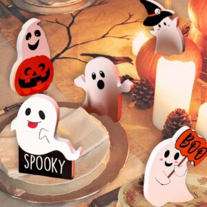 5 Pcs Halloween Wooden Decor Cute Ghost Halloween Tiered Tray Decorations Set Mini Ghost Kit Pumpkin Blocks for Indoor, Desk, Fireplace, Kitchen, Shelf Display, Table