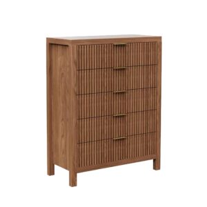 MJADUE Fluted 5 Drawers Dresser, 43" Tall Modern Chest of Drawers Wood Drawer Organizer Dresser for Bedroom Chest of Drawers for Bedroom, Living Room, Hallway, Entryway, Walnut Oak