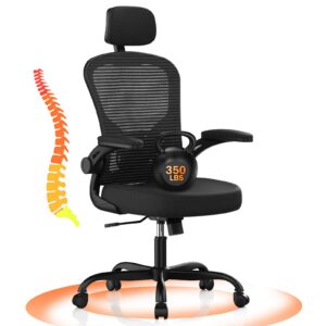 ergonomic office chair big and tall, 350lbs capacity, 6'5" tall max, home high back desk chair for long hours comfortable, adjustable lumbar support and headrest, flip-up arm and pu wheels, black