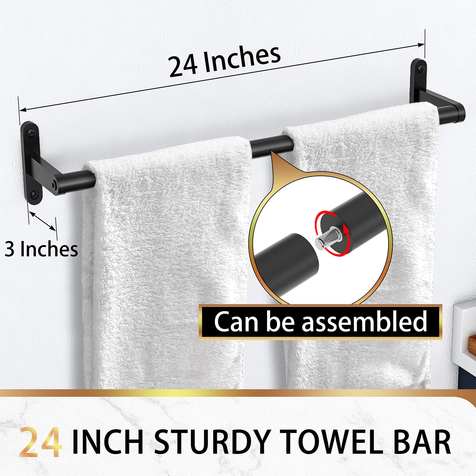 24 Inch Matte Black Towel Bar & 30 Inch Tall Towel Racks for Bathroom Wall Mounted, Bathroom Towel Storage Holder Organizer for Rolled Folded Towels (Black)