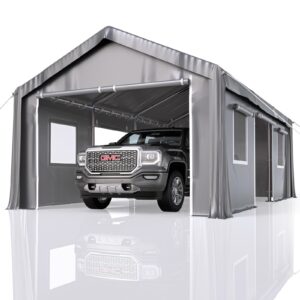 GarveeLife 13'x20' Carport Heavy Duty, Portable Garage with 4 Roll-up Doors, 4 Mesh Windows, 180 g PE Tarps, and Reinforced Frames, for Full-Size Pickups, Bass Boats, and SUVs, Gray