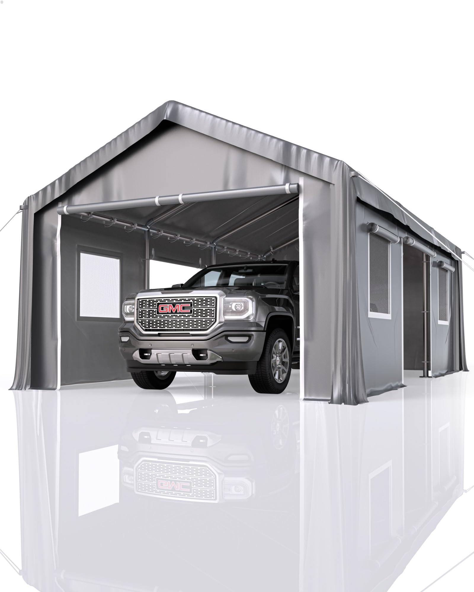 GarveeLife 13'x20' Carport Heavy Duty, Portable Garage with 4 Roll-up Doors, 4 Mesh Windows, 180 g PE Tarps, and Reinforced Frames, for Full-Size Pickups, Bass Boats, and SUVs, Gray