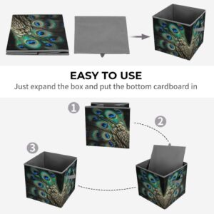 Peacock Feather Printing Storage Basket Folding Storage Bins Fabric Cube Organizer With Handle For Closet Utility Room