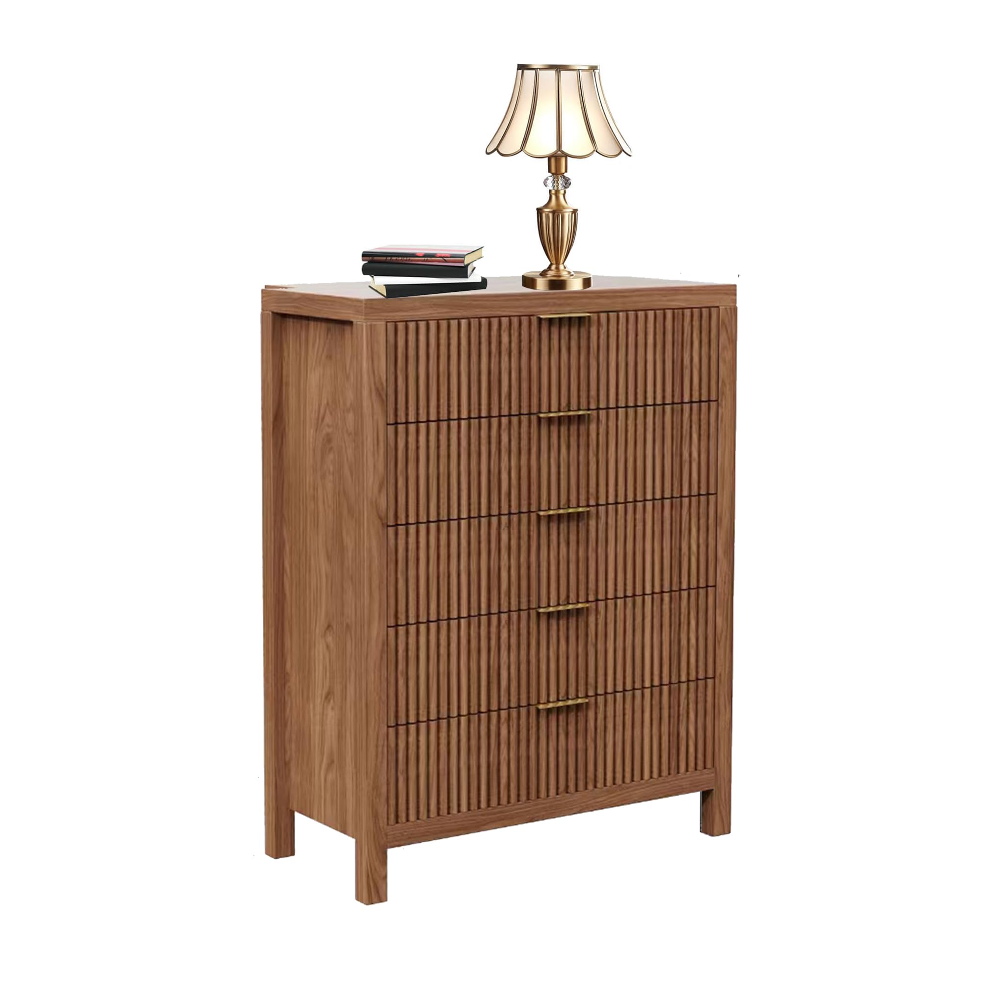 MJADUE Fluted 5 Drawers Dresser, 43" Tall Modern Chest of Drawers Wood Drawer Organizer Dresser for Bedroom Chest of Drawers for Bedroom, Living Room, Hallway, Entryway, Walnut Oak