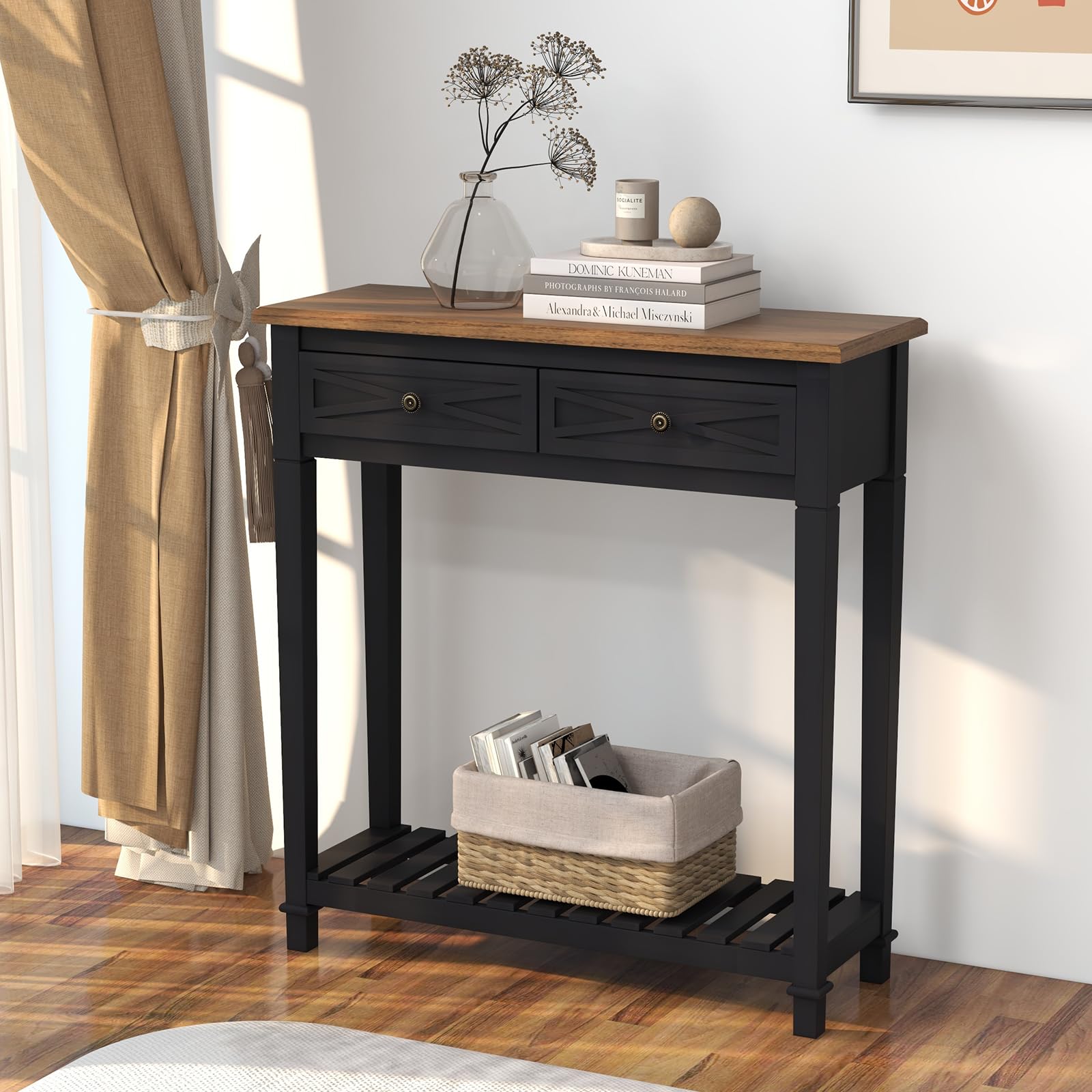 Kinpaw Narrow Console Table with Storage- Black Entryway Table, Small Sofa Table with Drawer & Storage Shelf for Hallway, Entryway, Foyer, Living Room Furniture, Behind Couch, Wood