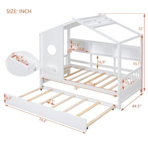 Twin Size House Bed with Trundle, Wooden Daybed Frame with Roof/Window/Guardrail and Storage Shelf for Kids, Teens Boys or Girls (White, Twin)