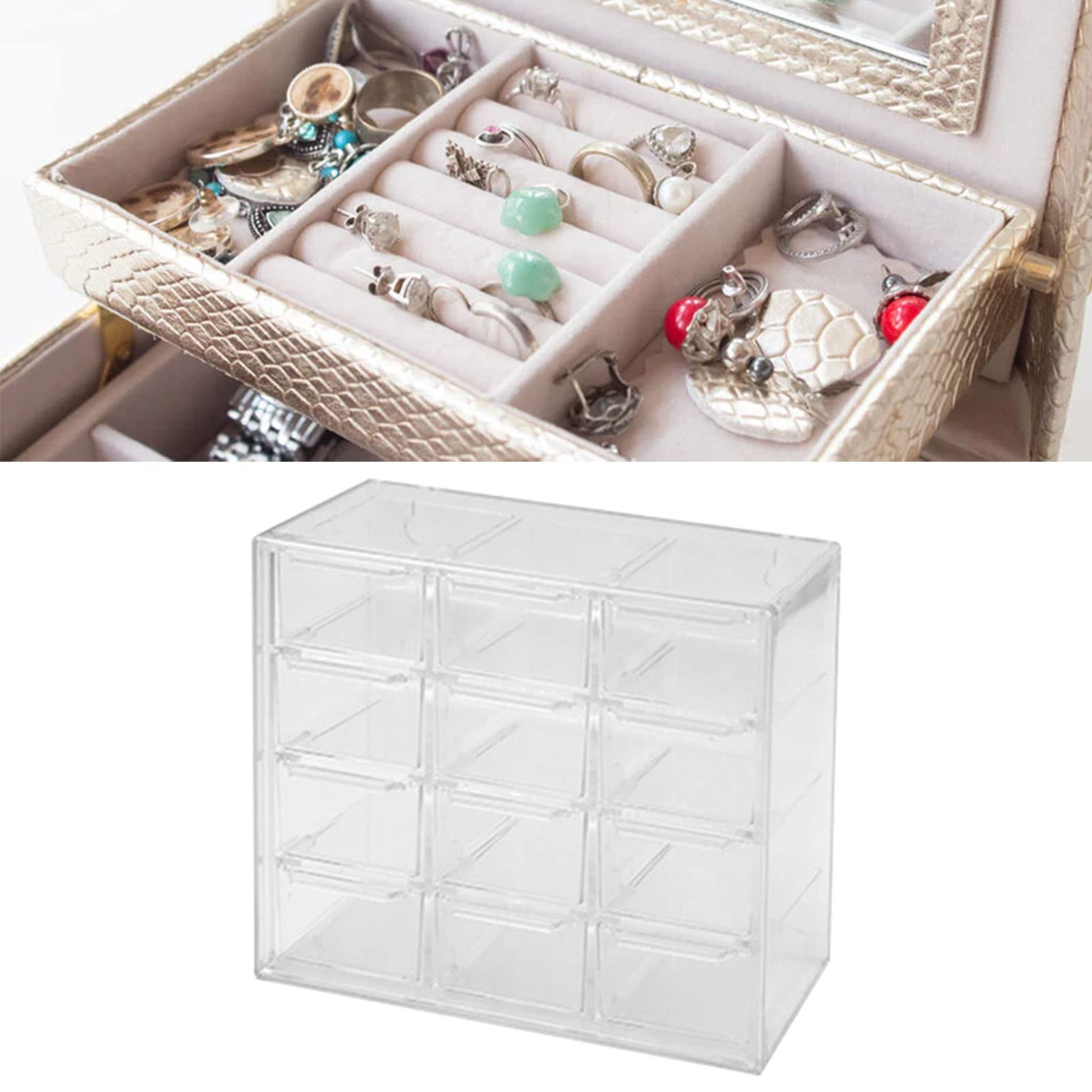 Grid Storage Box Dustproof Transparent Plastic Container Organizer for Jewelry Necklace DIY Art Craft (12 Compartments)