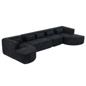 RuiSiSi 143.7" Modern Upholstered Sectional Sofa with 5 Back Pillows and 2 Chaise Lounge, Free-Combined Sofa Couch for Living Room Apartments, Black