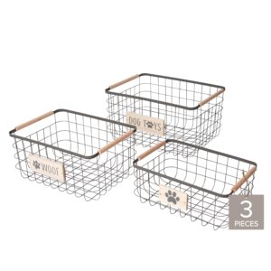 rgi home dog toy storage baskets – set of 3 rectangular metal organizer bins for pet and household storage, multi-sized with wood accents, durable and rustic, antique gray metal