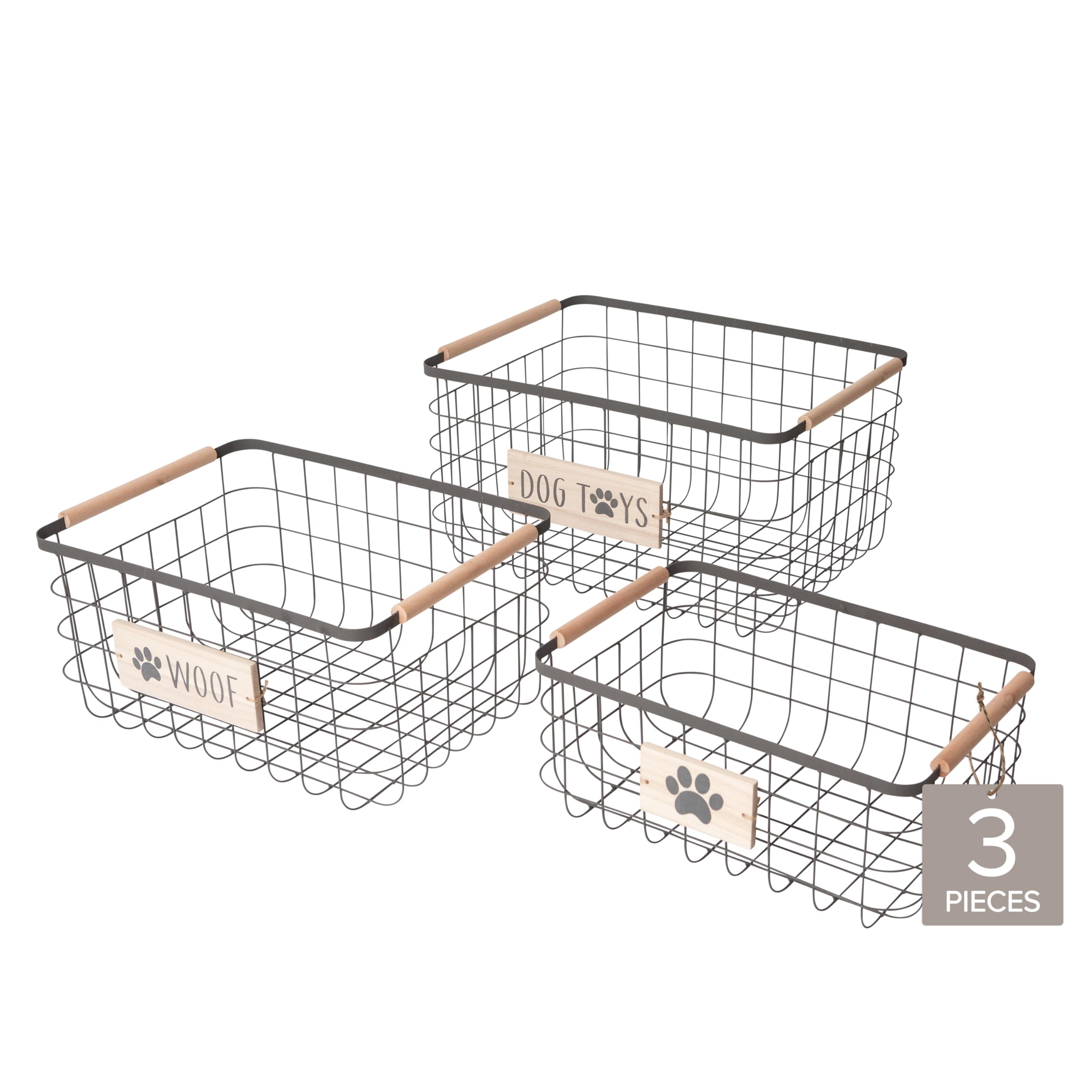 RGI Home Dog Toy Storage Baskets – Set of 3 Rectangular Metal Organizer Bins for Pet and Household Storage, Multi-Sized with Wood Accents, Durable and Rustic, Antique Gray Metal