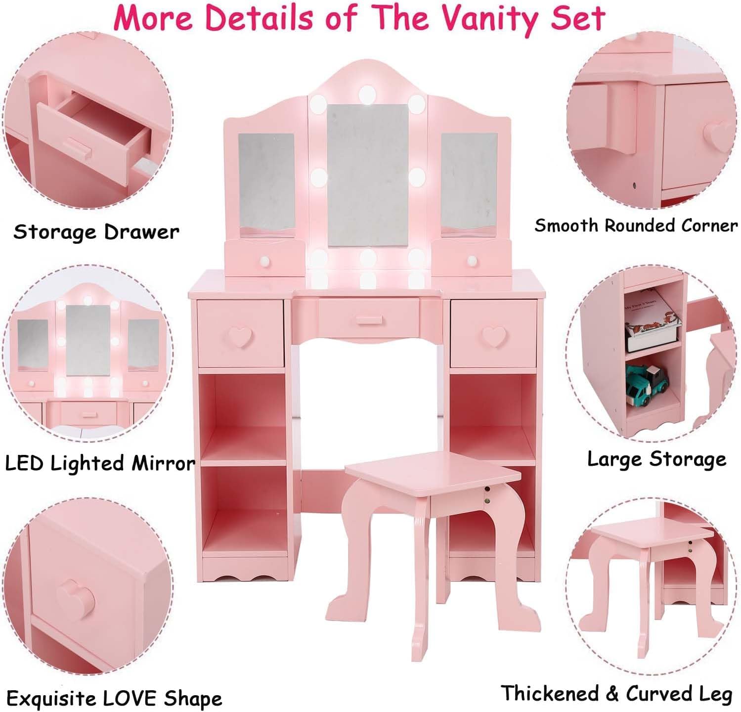 GarveeHome Kids Vanity with Lights,2 in 1 Wooden Princess Makeup Desk Dressing Table,Girls Vanity Table with Mirror, Light,Stool & Drawer,Toddler Vanity,Pretend Play Vanity Set for Little Girls