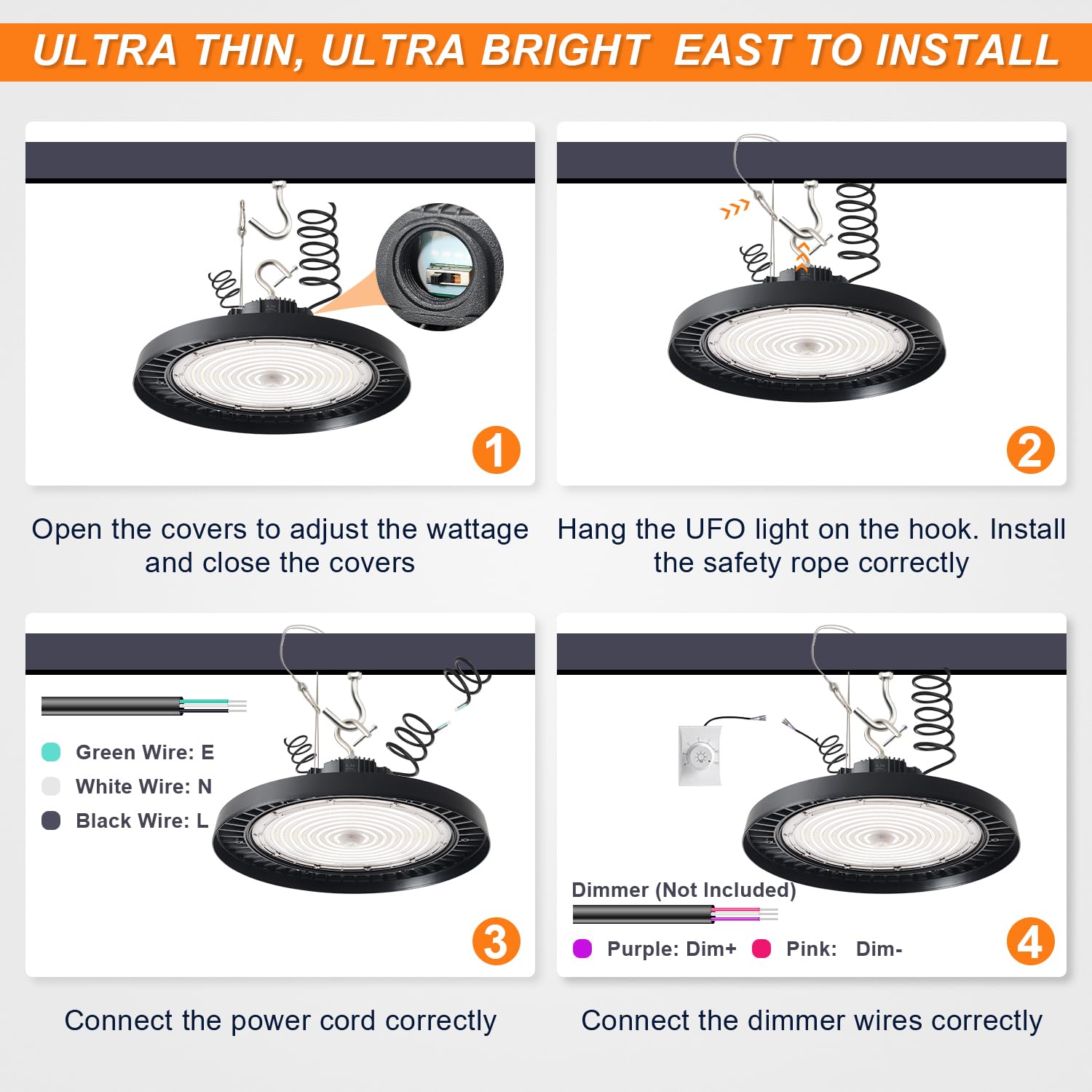 480V UFO LED High Bay Light 150W 120W 100W Adjustable, 5000K Daylight High Bay LED Shop Lights (500W MH/HPS Equiv.), 0-10V Dimmable Commercial Bay Lighting for Warehouse Factory, IP65 AC 277-480V