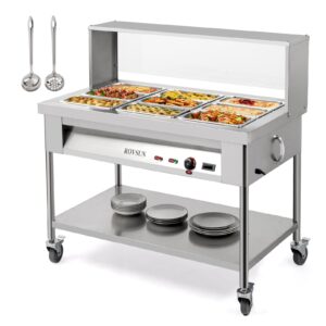 rovsun 72qt steam table, 9-pan electric commercial food warmer stainless steel bain marie w/acrylic shield overshelf undershelf temperature control & lid for party restaurant 8qt/pan 1500w 110v