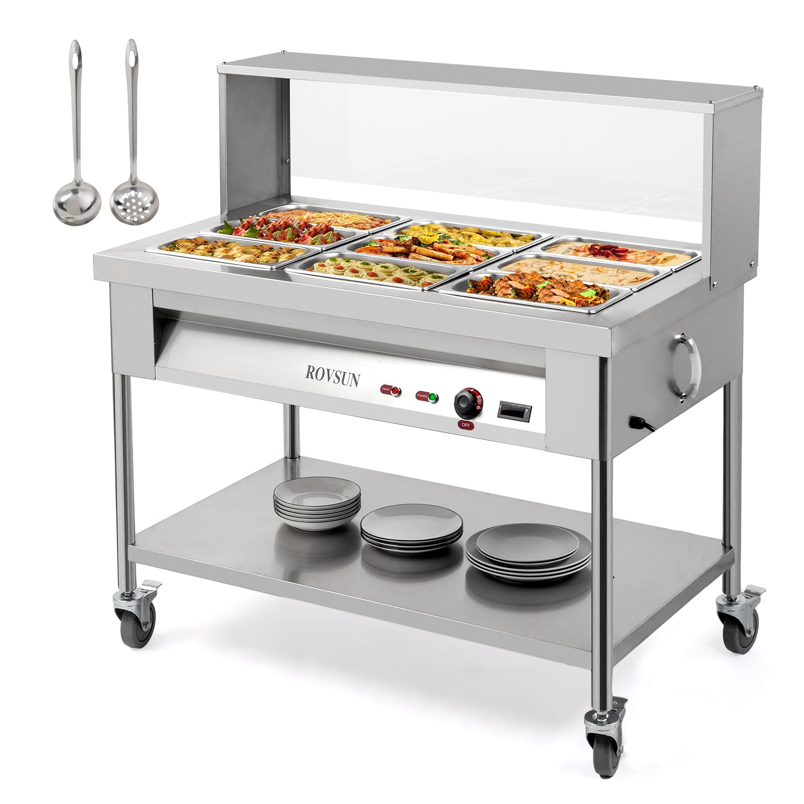 ROVSUN 72QT Steam Table, 9-Pan Electric Commercial Food Warmer Stainless Steel Bain Marie w/Acrylic Shield Overshelf Undershelf Temperature Control & Lid for Party Restaurant 8QT/Pan 1500W 110V