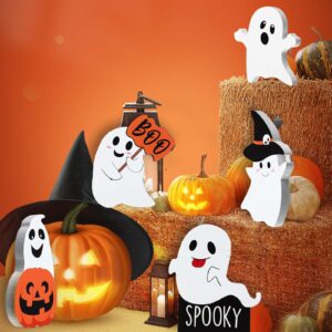 5 Pcs Halloween Wooden Decor Cute Ghost Halloween Tiered Tray Decorations Set Mini Ghost Kit Pumpkin Blocks for Indoor, Desk, Fireplace, Kitchen, Shelf Display, Table