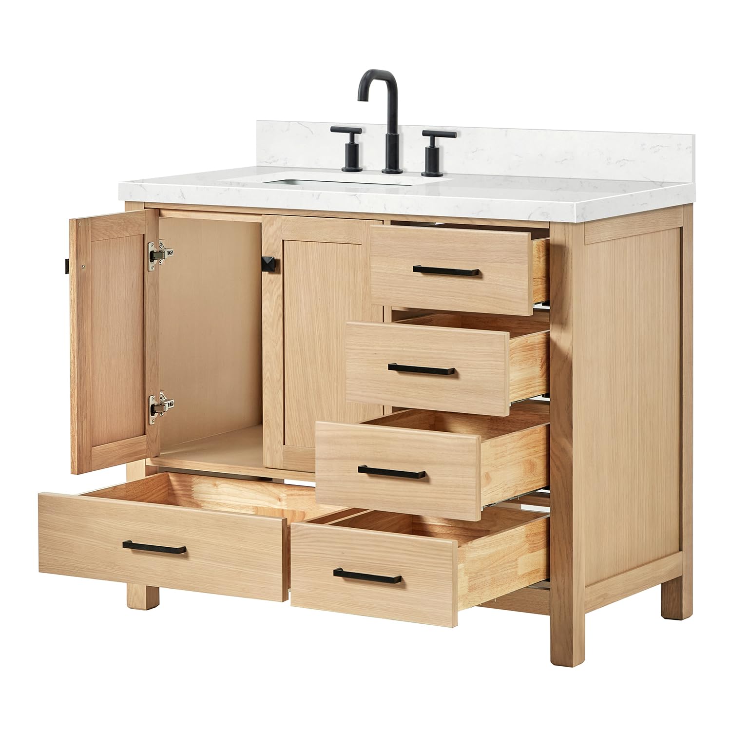 ARIEL Cambridge 42 Inch Oak Bathroom Vanity with Sink, Carrara White Quartz Countertop 1.5 inch Edge and backsplash, Soft Closing Door and Drawer, Matte Black