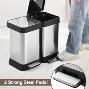 TrailBlaze 13 Gallon Dual Trash and Recycling Bin, Fingerprint Proof Stainless Steel Kitchen Garbage Can with Double Lid, Pedal Rubbish Bin for Kitchen Home Office, Without Inner Bucket