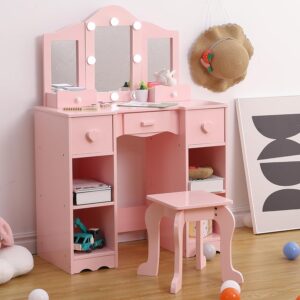 GarveeHome Kids Vanity with Lights,2 in 1 Wooden Princess Makeup Desk Dressing Table,Girls Vanity Table with Mirror, Light,Stool & Drawer,Toddler Vanity,Pretend Play Vanity Set for Little Girls