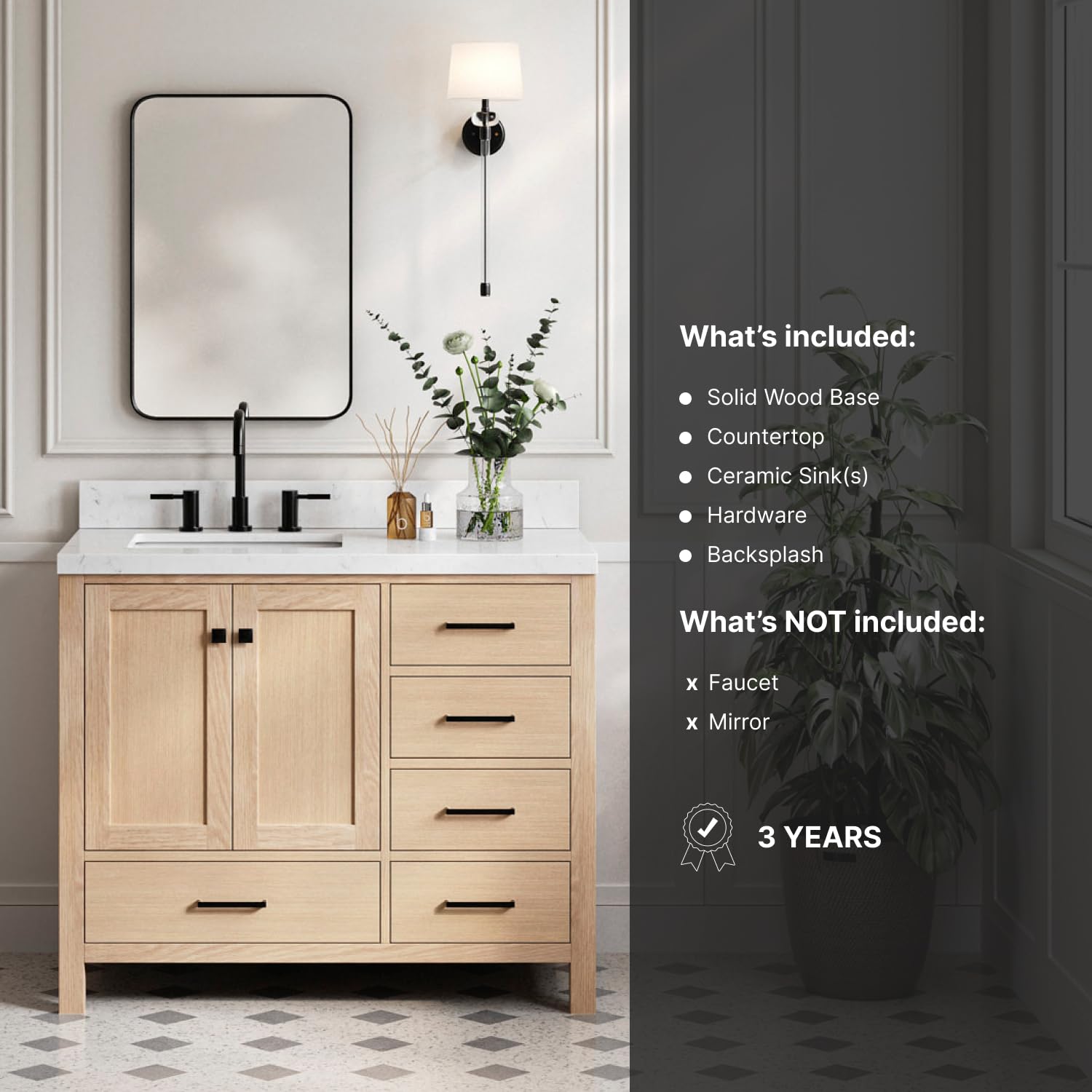 ARIEL Cambridge 42 Inch Oak Bathroom Vanity with Sink, Carrara White Quartz Countertop 1.5 inch Edge and backsplash, Soft Closing Door and Drawer, Matte Black