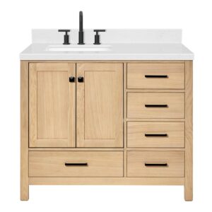 ariel cambridge 42 inch oak bathroom vanity with sink, carrara white quartz countertop 1.5 inch edge and backsplash, soft closing door and drawer, matte black