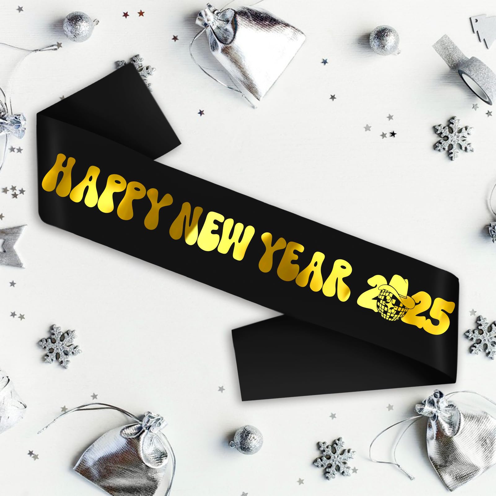 JXYCBZYing Happy New Year 2025 Sash with Gold Foil, Black New Year Sash, Premium Grade Satin Sash, New Years Eve Party Decorations, Ideas, Gifts, Jokes and Favors (Black + Gold)