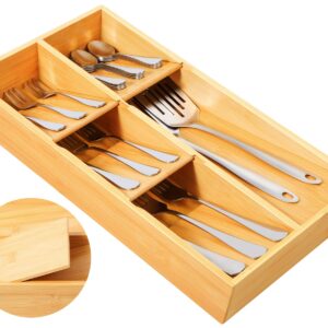 Mooues Bamboo Silverware Drawer Organizer, Removable Dividers Kitchen Utensil Drawer Organizer for Different Dimension Flatware, Spoons, Forks, Knives (Natural, 5 Slots)