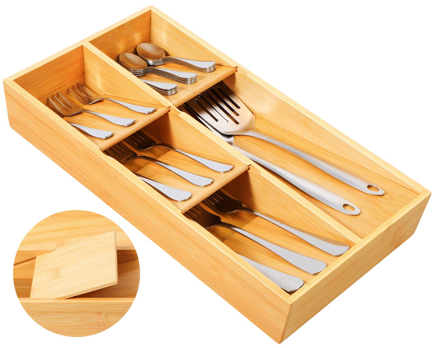 Mooues Bamboo Silverware Drawer Organizer, Removable Dividers Kitchen Utensil Drawer Organizer for Different Dimension Flatware, Spoons, Forks, Knives (Natural, 5 Slots)