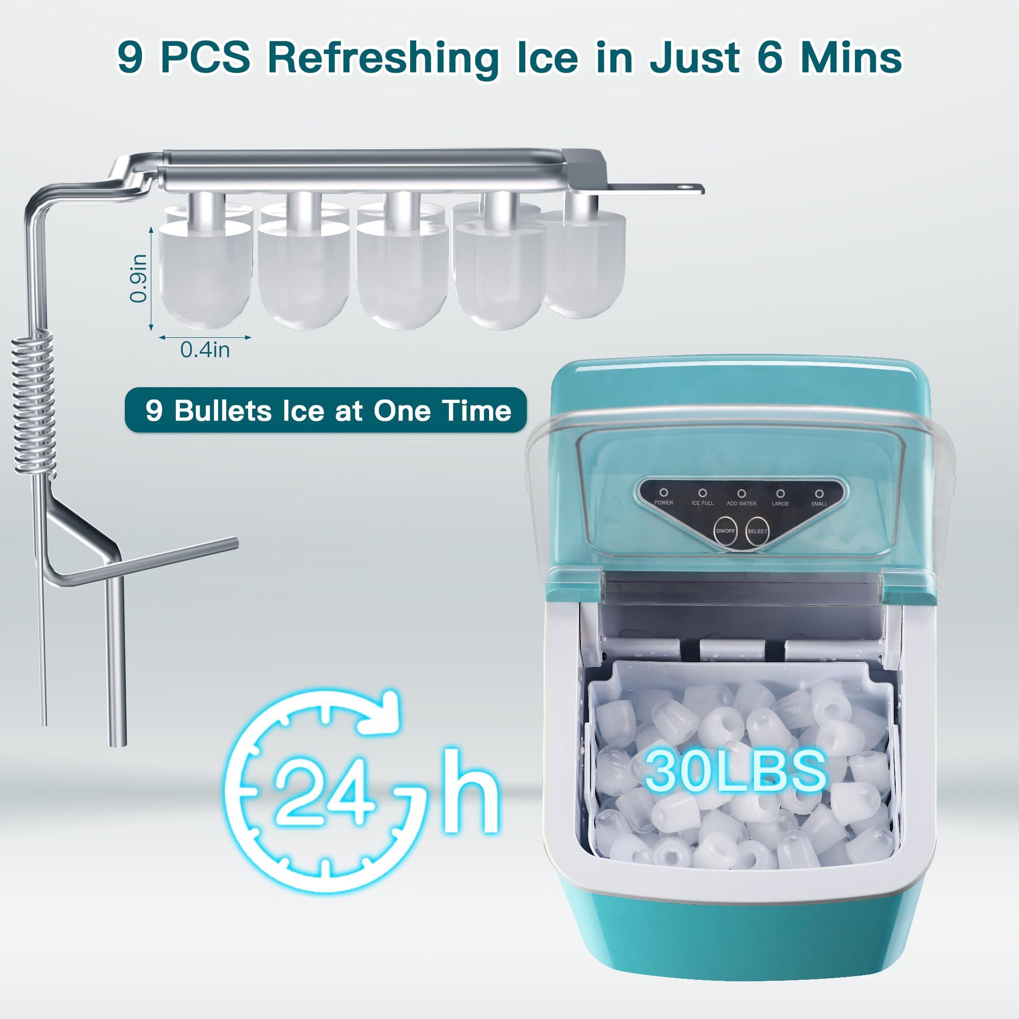 rosmena Ice Maker Countertop, 30lbs/24H Ice Maker Machine, 9 Cubes in 6 Mins, Self-Cleaning Ice Makers with Basket and Scoop, Portable Small ice Maker, 2 Sizes of Bullet Ice for Home Kitchen Office