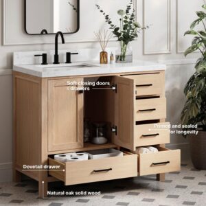 ARIEL Cambridge 42 Inch Oak Bathroom Vanity with Sink, Carrara White Quartz Countertop 1.5 inch Edge and backsplash, Soft Closing Door and Drawer, Matte Black