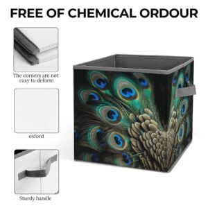 Peacock Feather Printing Storage Basket Folding Storage Bins Fabric Cube Organizer With Handle For Closet Utility Room